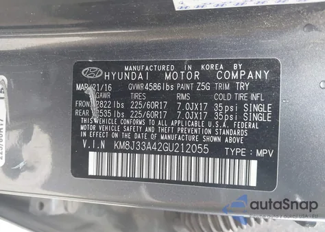 2016 Hyundai Tucson Se z USA, uszkodzony, nr VIN KM8J33A42GU212055